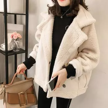 Женская повседневная удобная короткая байкерская куртка из овечьей шерсти S бежевый