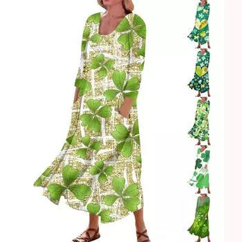 Женская повседневная удобная уличная одежда. Хлопковое платье с карманами и принтом ко Дню Святого Патрика, рукава три четверти XXL