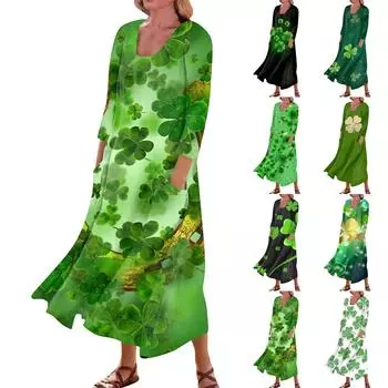 Женская повседневная удобная уличная одежда. Хлопковое платье с карманами и принтом ко Дню Святого Патрика, рукава три четверти L