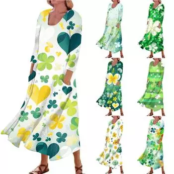 Женская повседневная удобная уличная одежда. Хлопковое платье с карманами и принтом ко Дню Святого Патрика, рукава три четверти XL зелёный