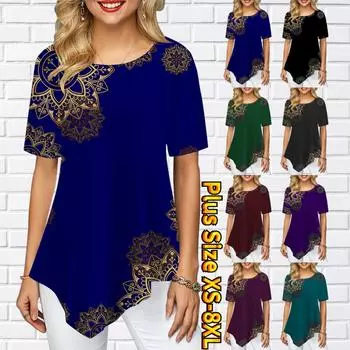 Женская повседневная уличная цветочная модель с круглым вырезом, удобная дышащая юбка с острым носком, свободная футболка с коротким рукавом XS-8XL 8XL