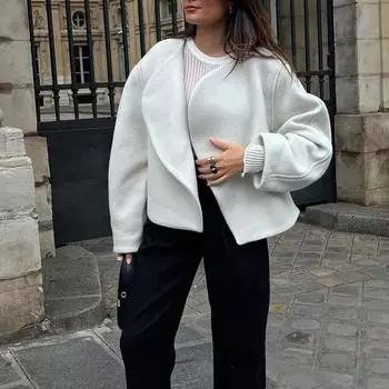 Женская повседневная утолщенная твидовая куртка без пуговиц с зубцами S белый