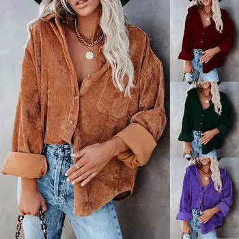 Женская повседневная вельветовая блузка с длинными рукавами и V-образным вырезом, повседневная блузка из 95% полиэфира, топы S белый