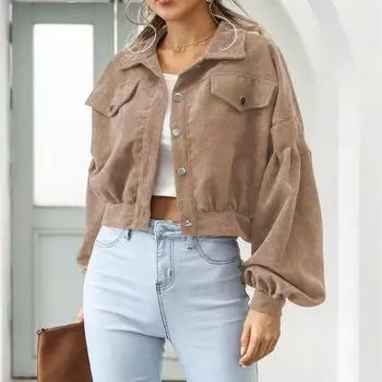 Женская повседневная вельветовая куртка с лацканами, осенне-зимняя однобортная короткая куртка с рукавами-фонариками S коричневый