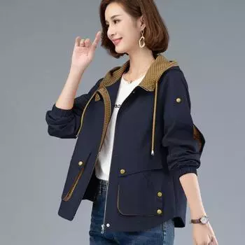 Женская повседневная ветровка с капюшоном весна-осень модный свободный длинный рукав тренчкот однотонные куртки с карманами M темно-синий