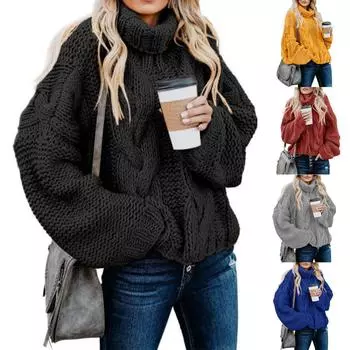 Женская повседневная водолазка с длинным рукавом, пуловер массивной вязки, свитер, джемпер, топы, свитер L чёрный