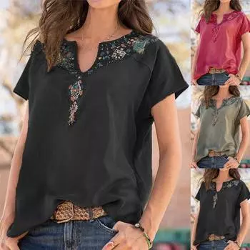 Женская праздничная блузка с v-образным вырезом в стиле бохо, рубашки, топы, футболка, женская летняя футболка больших размеров S чёрный