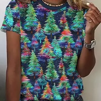 Женская праздничная футболка с градиентным принтом рождественской елки — повседневный топ с коротким рукавом и круглым вырезом на весну/лето S