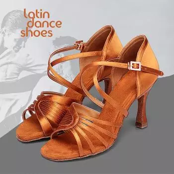 Женская праздничная обувь для танго, бальных танцев, латинского вальса, праздничная обувь для девочек на высоком каблуке 8 см 34 коричневый