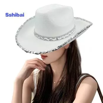 Женская праздничная шляпа Яркий цвет Вогнутый топ с широкими полями и блестками Косплей Декоративный костюм Контрастный цвет Реквизит для танцевального шоу Западная ковбойская шляпа Головной убор белый
