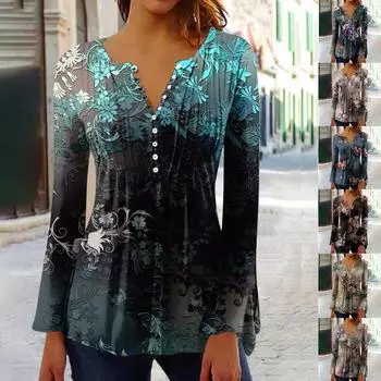 Женская праздничная туника с рукавом-колокольчиком и пуговицами, воротник с пуговицами и длинными рукавами, тонкий топ с принтом, этнический топ, летняя футболка XL темно-синий