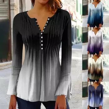 Женская праздничная туника с рукавом-колокольчиком и пуговицами, воротник с пуговицами и длинными рукавами, тонкий топ с принтом, этнический топ, летняя футболка L чёрный