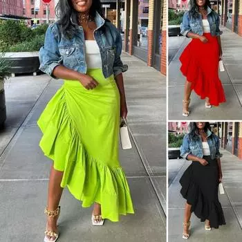 Женская праздничная юбка с высокой талией и оборками по краю, однотонное плиссированное платье, облегающее платье со скрытой молнией, женская летняя юбка, женская одежда S чёрный