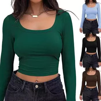 Женская приталенная футболка с длинным рукавом и квадратным вырезом для женщин S-XL с пупком S чёрный