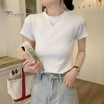 Женская приталенная футболка с круглым вырезом и короткими рукавами, пуловер, однотонная эластичная мягкая футболка, уличная одежда S чёрный