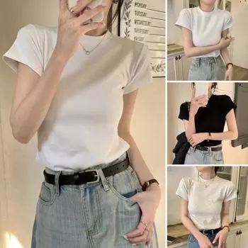 Женская приталенная футболка с круглым вырезом и короткими рукавами, пуловер, однотонная эластичная мягкая футболка, уличная одежда S чёрный