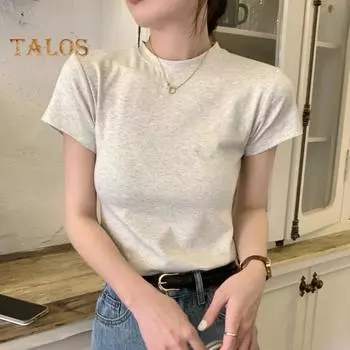 Женская приталенная футболка с круглым вырезом и короткими рукавами, пуловер, однотонная эластичная мягкая футболка, уличная одежда S чёрный