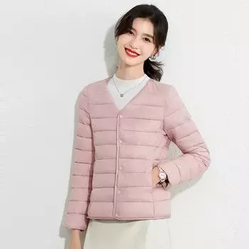 Женская приталенная куртка из хлопка с V-образным вырезом - зимняя теплая, легкая, короткая, однотонная M (within 100 catties)