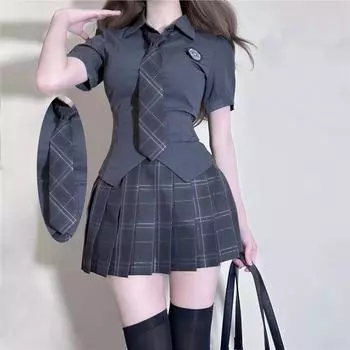 Женская приталенная плиссированная талия JK рубашка с коротким рукавом - Универсальный летний топ 2XL