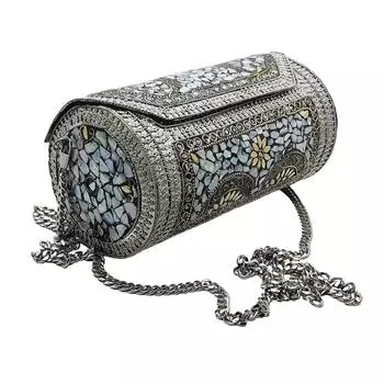 Женская привлекательная круглая этническая сумка-цилиндр ручной работы из античного серебристого металла, винтажный свадебный клатч