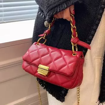 Женская простая красная клетчатая квадратная сумка с текстурой из высококачественной цепочки, популярная сумка через плечо, сумка с чувством дизайна, новая мода