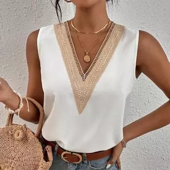 Женская простая летняя однотонная майка с V-образным вырезом и кружевом без рукавов S чёрный