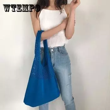 Женская простая полая вязаная сумка в стиле ретро, женская однотонная сумка на одно плечо, женская вязаная сумка, шерстяная сумка, сумка для покупок 38*62cm дубильная кора