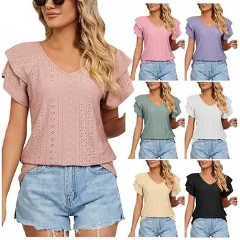 Женская простая повседневная футболка с V-образным вырезом и коротким рукавом реглан L армия зеленый