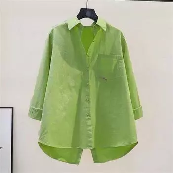 Женская простая повседневная хлопковая туника на пуговицах с длинным рукавом, однотонная уличная блузка Mujer XXXL зелёный