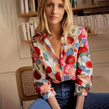 Женская простая рубашка, новая рубашка с мультяшным цветочным принтом, летнее элегантное вечернее платье с лацканами и пуговицами наверху для женщин S