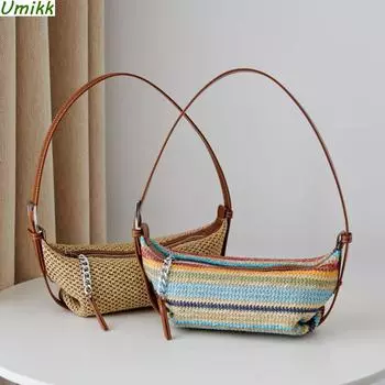 Женская простая соломенная пляжная сумка с регулируемым ремешком, вязаная крючком сумка-хобо контрастного цвета, тканая сумка-саквояж, женская летняя повседневная сумка разноцветный