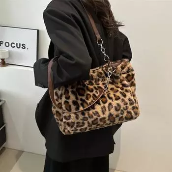 Женская простая сумка большой емкости 2025 New Tide Fashion Leopard Plush Tote Atmospheric Fur Shoulder Bag розовый