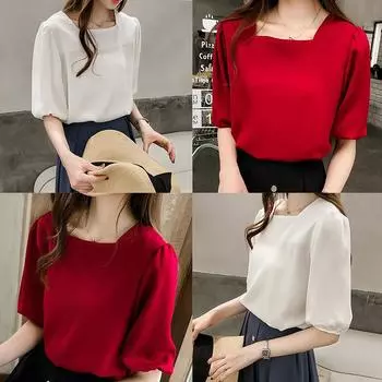 Женская простая свободная однотонная шифоновая базовая блузка с квадратным воротником и рукавами-фонариками XXL