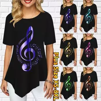 Женская простая заостренная юбка Swing с коротким рукавом Футболка с принтом музыкального символа с круглым вырезом Young Personality Женская облегающая XS-8XL S