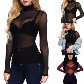 Женская прозрачная блузка с длинным рукавом и высоким воротом, сетчатая блузка, повседневная футболка M красный