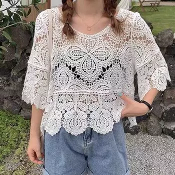 Женская прозрачная футболка с рукавами 3/4, укороченный топ, вязанная крючком, свободная блузка с цветочным принтом, плечи для платья, купальника абрикосовый