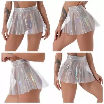 Женская прозрачная мини-юбка из металлизированного ПВХ, переливающееся фестивальное платье Rave с высокой талией S