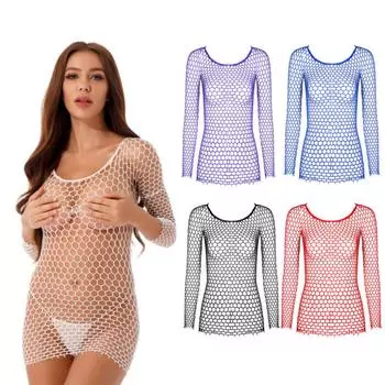 Женская прозрачная сетчатая футболка с длинным рукавом, однотонные топы в сеточку с круглым вырезом, клубная одежда