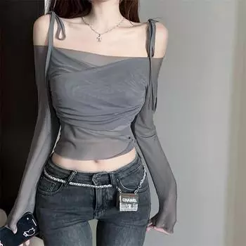 Женская прозрачная сетчатая футболка с длинным рукавом, летняя укороченная футболка с завязками спереди и открытыми плечами, легкая облегающая повседневная рубашка для пляжа и повседневной носки S серый