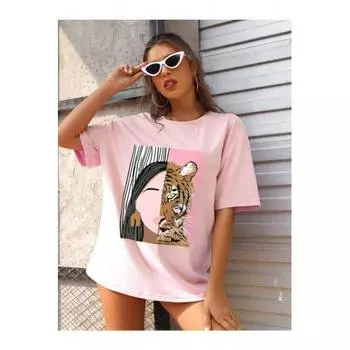 Женская пудровая розовая футболка оверсайз с леопардовым принтом
