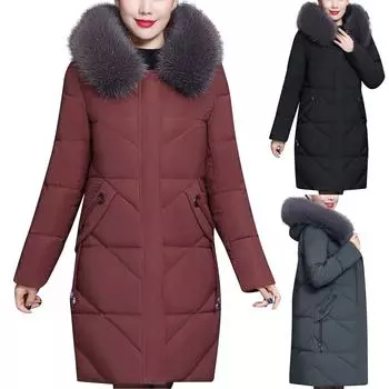 Женская пуховая хлопковая куртка средней длины с большим шерстяным воротником XXL чёрный