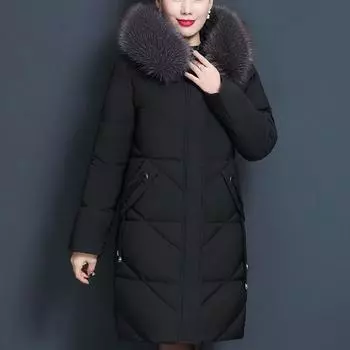 Женская пуховая хлопковая куртка средней длины с большим шерстяным воротником XL винный