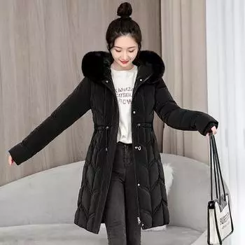 Женская пуховая хлопковая одежда с большим меховым воротником, куртка средней длины с поясом, 0-й размер M