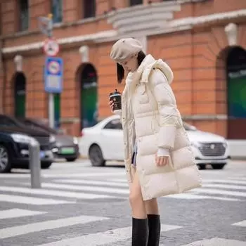 Женская пуховая куртка 2024 года, зимняя новая длинная пуховая куртка женская 90 новая стандартная талия тонкая куртка на гусином пуху с капюшоном S слоновая кость