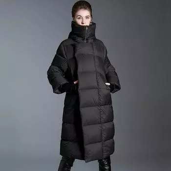 Женская пуховая куртка 2024 осень-зима новая женская пуховая куртка средняя и длинная свободная с капюшоном утолщенная белая утиная пуховая одежда зимняя мода S чёрный
