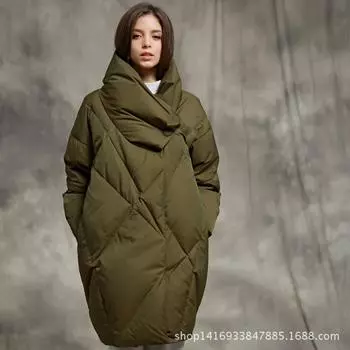 Женская пуховая куртка 2024 зима новая пуховая куртка женская bread cocoon 90 белый гусиный пух пальто средней и длинной длины S армия зеленый