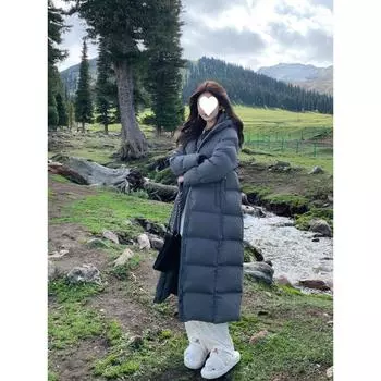 Женская пуховая куртка 90 белый гусиный пуховик женская 2024 новый большой размер супер длинный выше колена утолщенный теплый тонкий пиджак прилив S within 60 kg чёрный