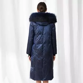 Женская пуховая куртка, одно пальто, зимняя новая женская одежда, капюшон с воротником из меха енота, утолщенная и удлиненная куртка из белого гусиного пуха для женщин S чёрный