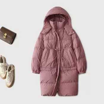 Женская пуховая куртка простого нового национального стандарта 90 утиный пух ветрозащитная теплая с капюшоном утолщенная куртка свободный длинный дизайн пуховик S