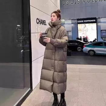 Женская пуховая куртка Пуховик женский выше колена средний и длинный на утином пуху ретро 2024 зима новый утолщенный европейский станционный модный пальто пальто S is suitable for 90-60kg чёрный